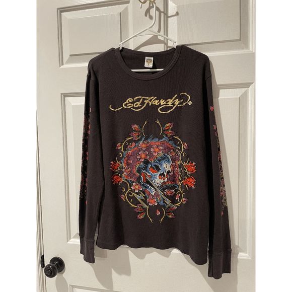 Ed Hardy Other - Vintage Ed Hardy Rhinestone Skull PinUp Waffle Long Sleeve Thermal Men's Size L